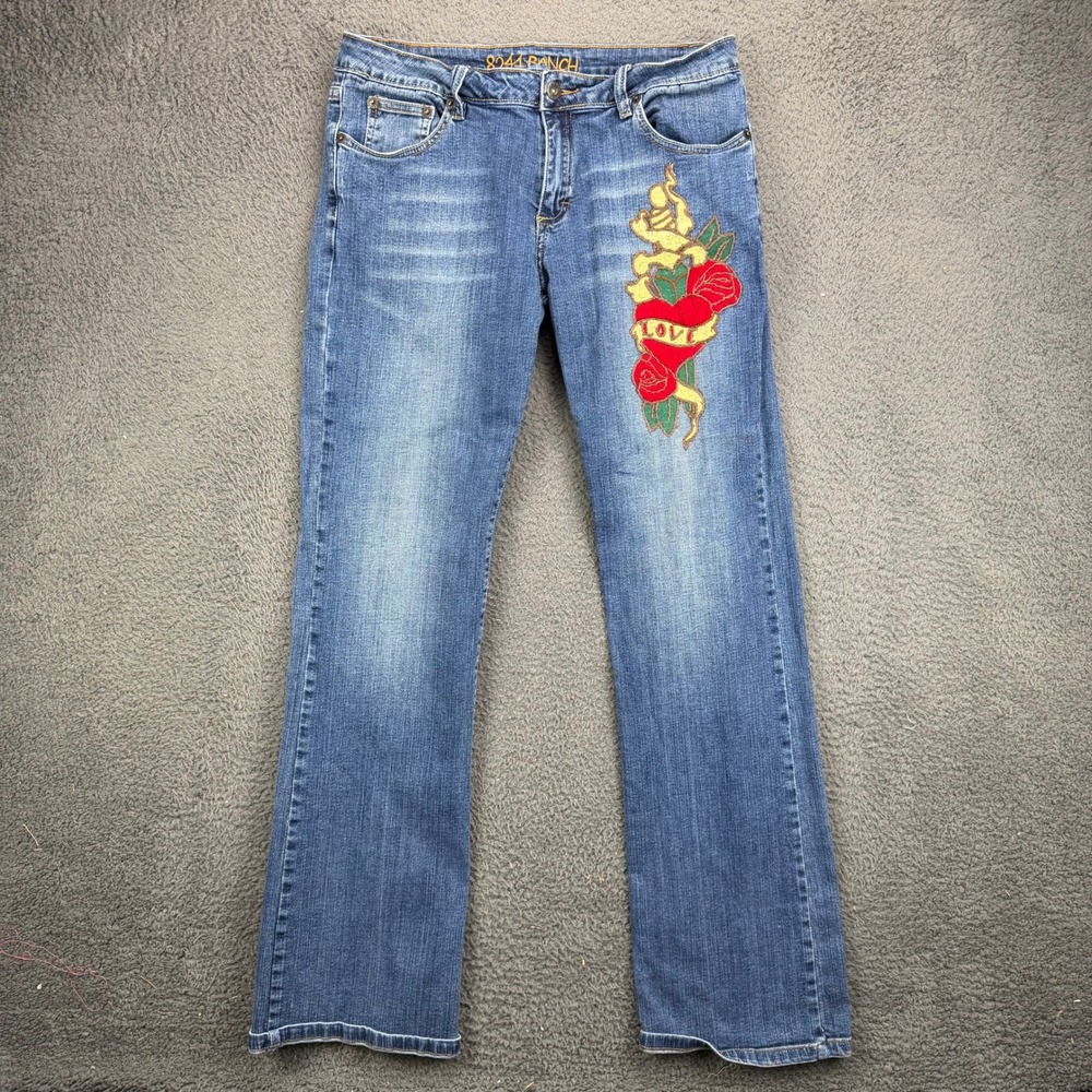 8241 Ranch Womens Embroidered Tattoo Heart Rose Flare Jeans Blue Size 8x34